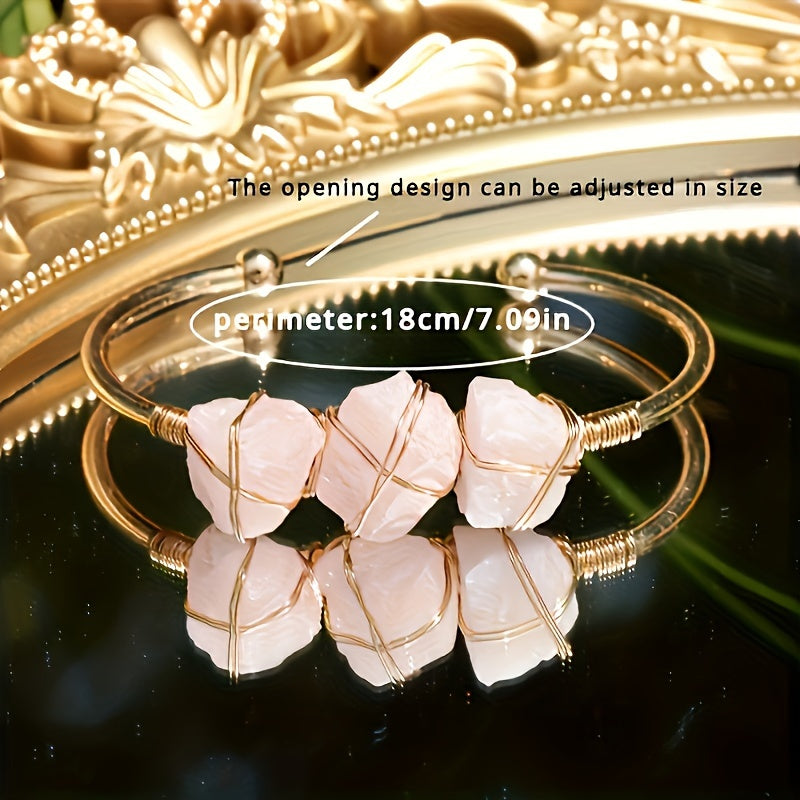 3pcs/Set Of Vintage Bohemian Style Cuff Bracelet Set with Natural Pink Crystal Necklace and Open Ring Jewelry - Perfect Gift for Thanksgiving/Christmas, Wedding Vocation Jewelry Set for Your Lover