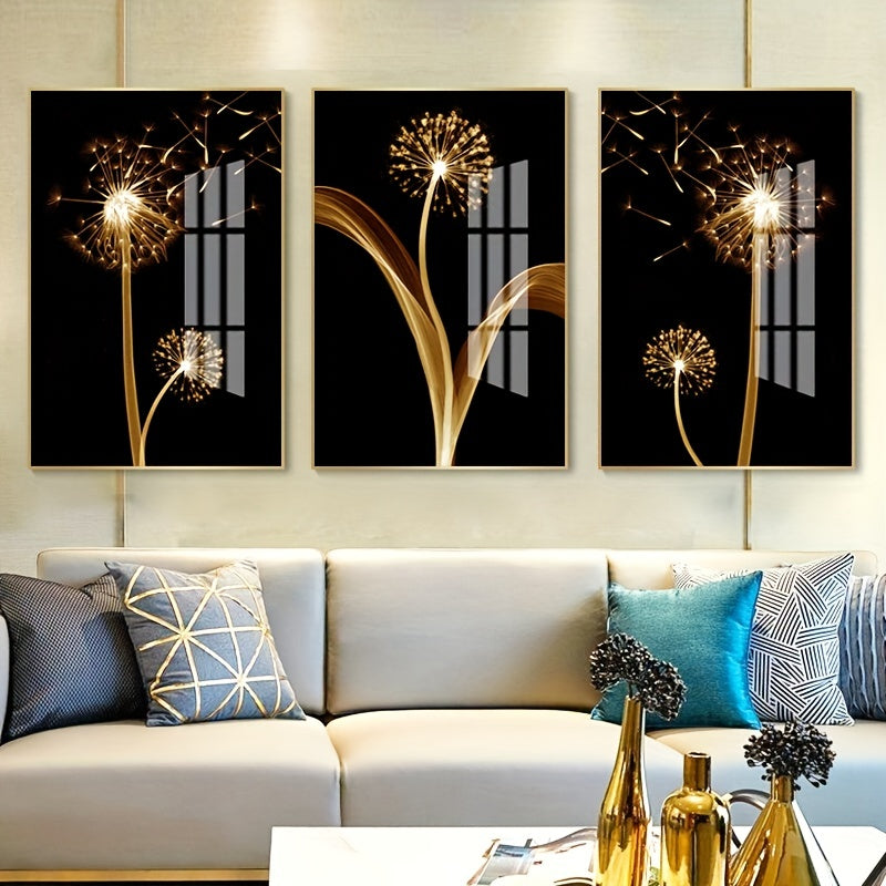 3pcs Golden Abstract Taraxacum Luxury Wall Art Canvas Painting, 15.7*23.6in/40cm*60cm, For Living Room Cuadros Decor, No Frame