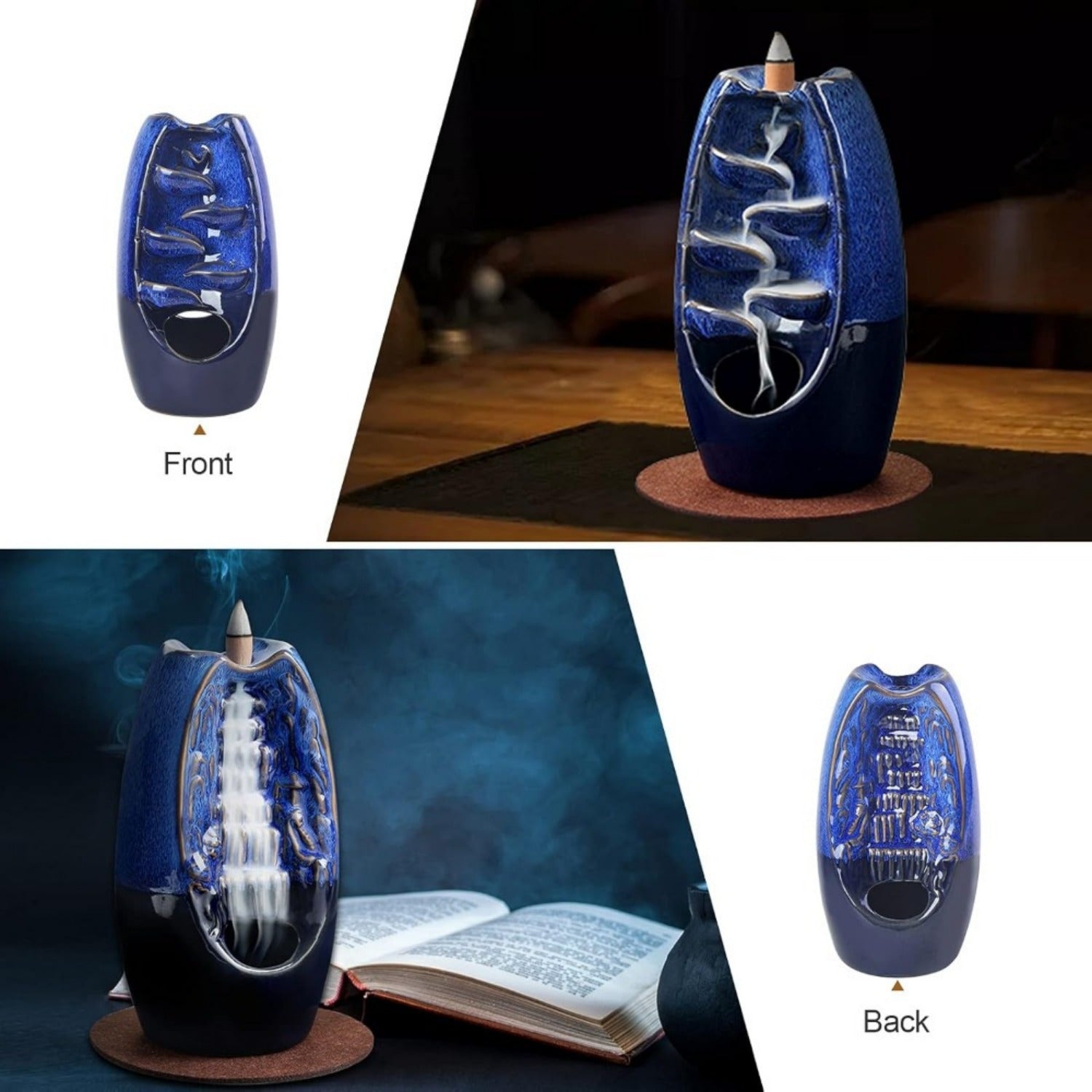 1pc SOLEJAZZ Ceramic Counter Current Incense Burner, Dual-Sided Waterfall Design, 120 Cones & 30 Sticks, Aromatherapy Home Decor, Navy Blue, No Electricity Needed