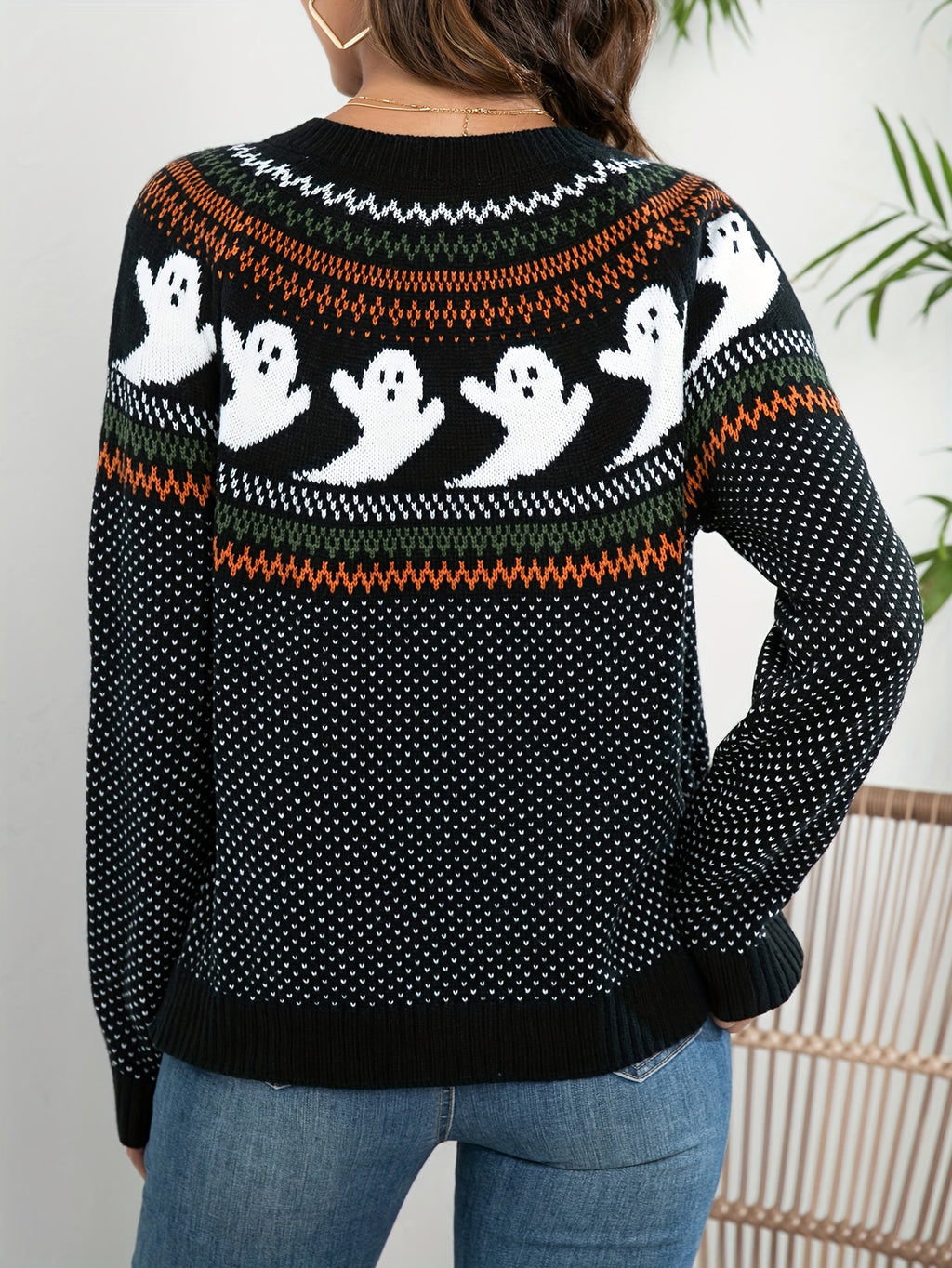 [Halloween] Womens Halloween Ghost Pattern Cardigan Sweater - Soft Knit, Button Down, Vintage Crew Neck, Long Sleeve - Perfect for Halloween, Retro Fashion Staple