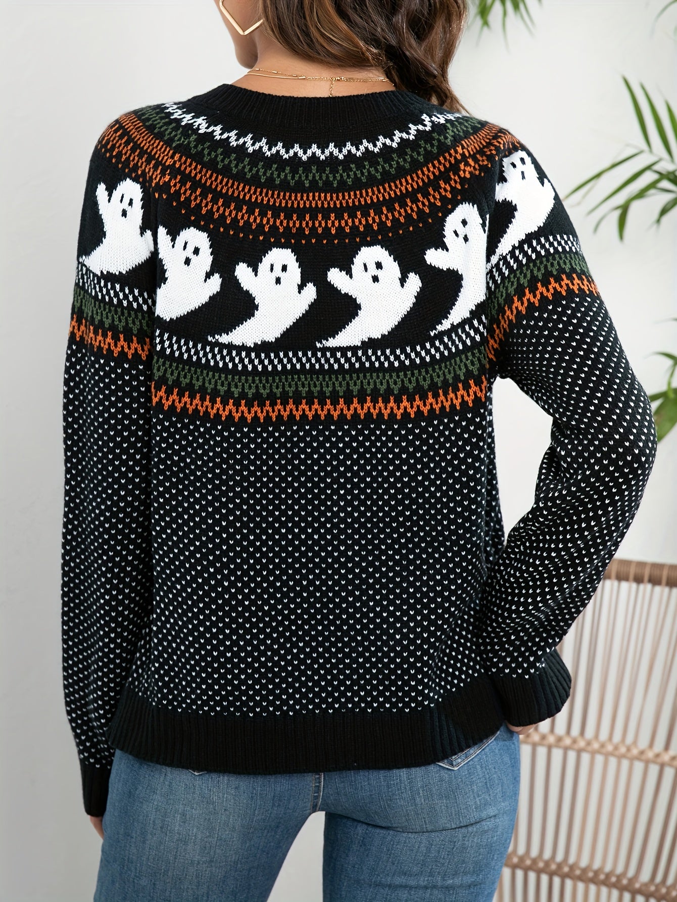 [Halloween] Womens Halloween Ghost Pattern Cardigan Sweater - Soft Knit, Button Down, Vintage Crew Neck, Long Sleeve - Perfect for Halloween, Retro Fashion Staple