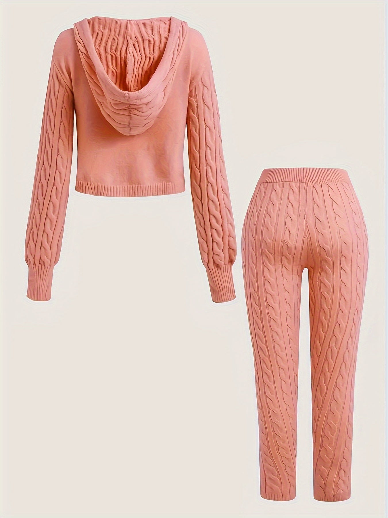 Solid Knitted Two-piece Set, Long Sleeve Zip Up Hooded Cardigan & Elastic Waist Pants Outfits, Women's Clothing