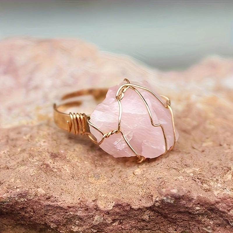 3pcs/Set Of Vintage Bohemian Style Cuff Bracelet Set with Natural Pink Crystal Necklace and Open Ring Jewelry - Perfect Gift for Thanksgiving/Christmas, Wedding Vocation Jewelry Set for Your Lover