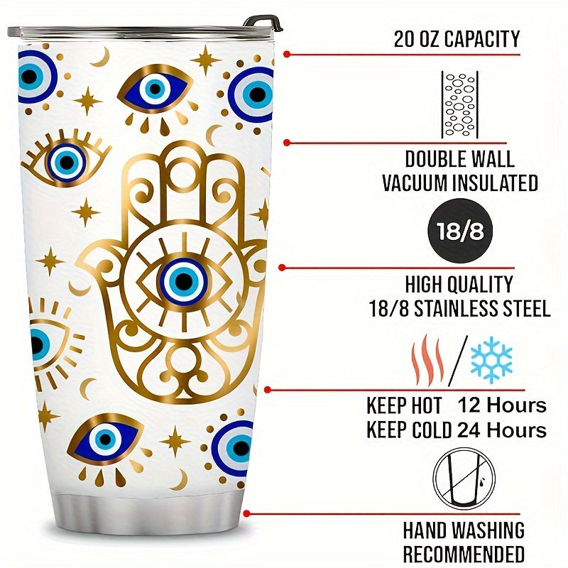 20oz Stainless Steel Insulated Coffee Mug with Lid & Straw - Evil Eye Moon Design, Reusable Vacuum Tumbler for Travel, Ideal Birthday Gift